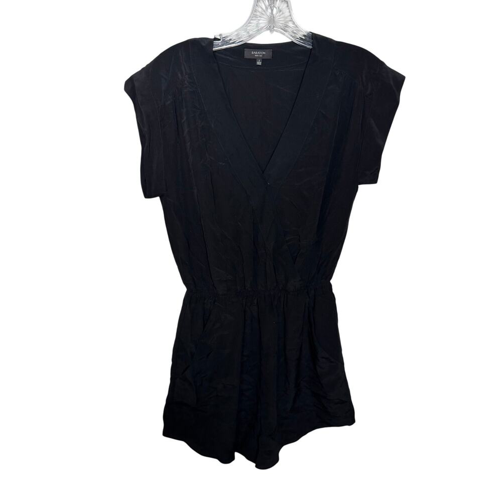 Babaton 100% Silk Romper Sz S Black V-Neck Elastic Waist Short Sleeve Minimalist